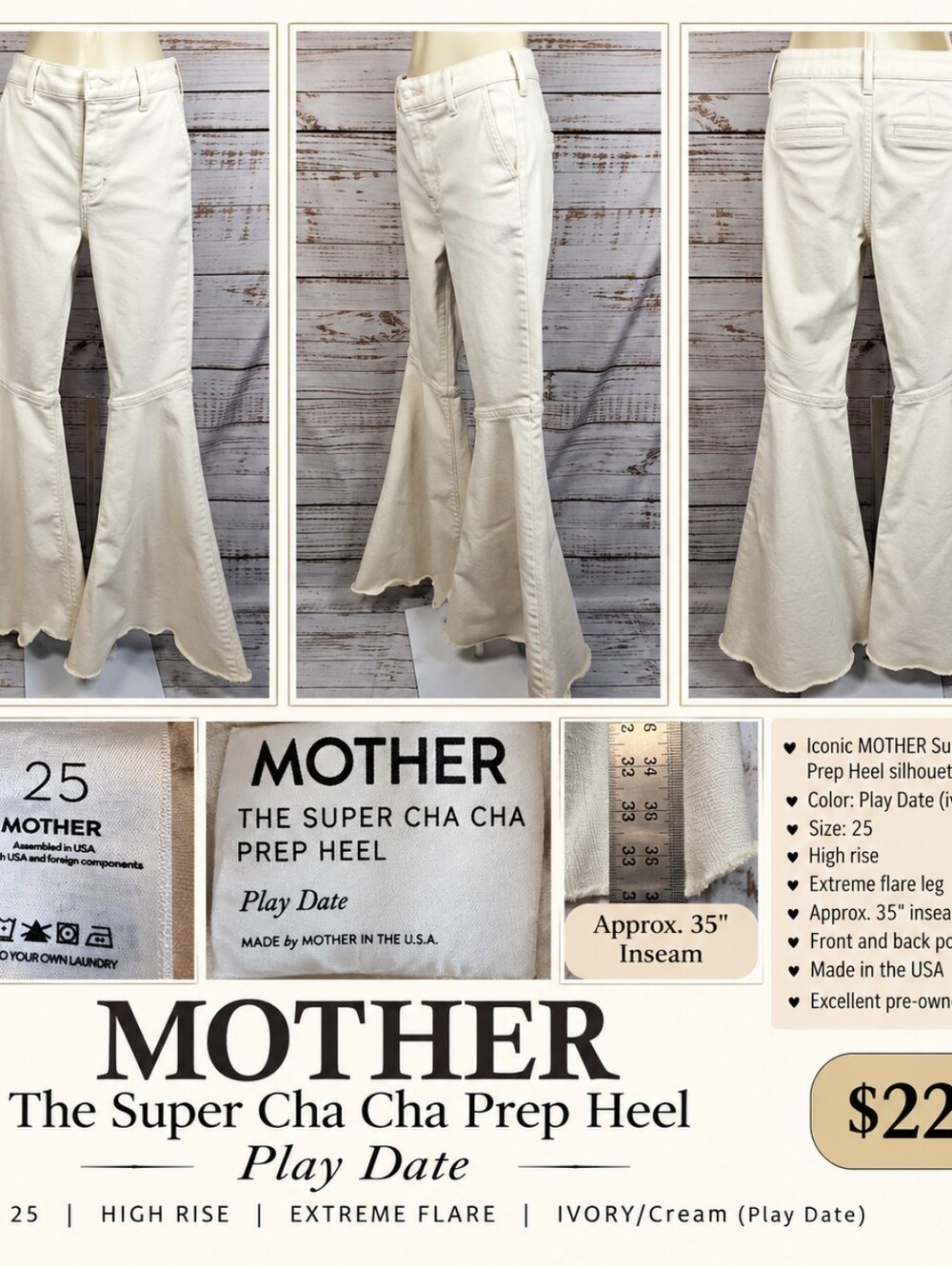 MOTHER The Super Cha Cha Prep Heel Size 25 Play Date Ivory Extreme Flare Jeans